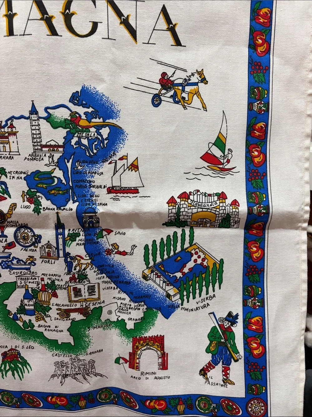 ILIA Emilia Romagna Cotton Wall Tapestry - Green Blue Red Gold Accents 36x23 1/2
